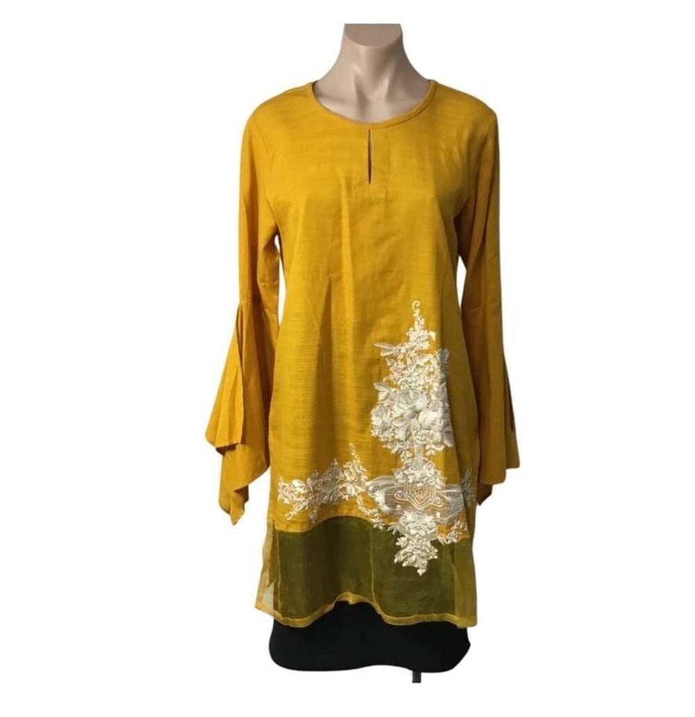Sana Safinaz Mustard Yellow Embroidered Long Sleeve Tunic Top Small